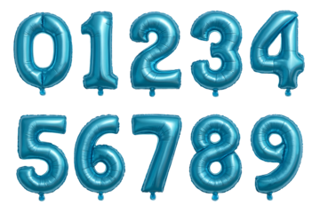 Blue metallic number balloons isolated on a transparent background zero
