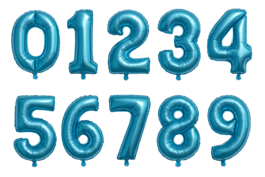 Blue metallic number balloons isolated on a transparent background zero