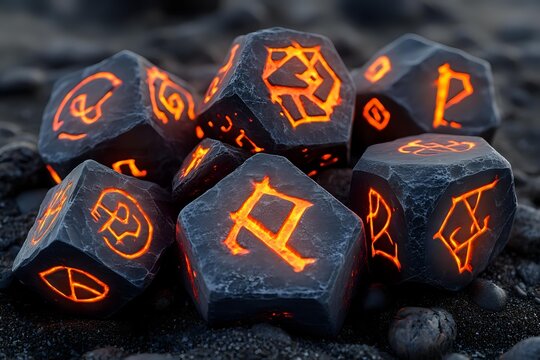 Glowing orange mystical runes on dark stone polyhedral dice set against black volcanic background, magical gaming accessories with mysterious symbols.
