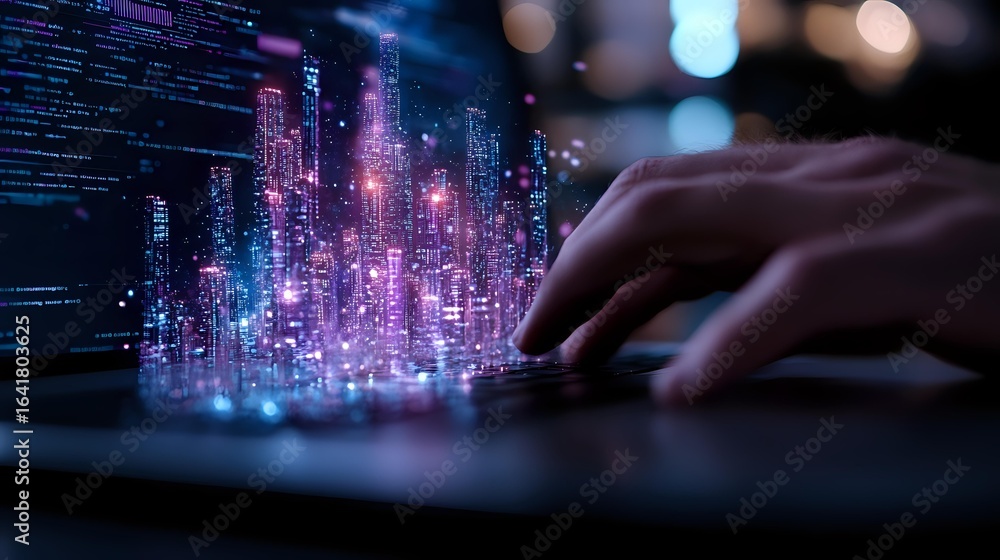 Poster futuristic digital cityscape hologram emerging from laptop keyboard with programmer hands, glowing p