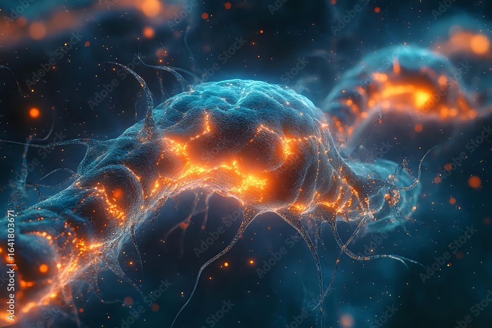 Poster glowing orange and blue energy waves form abstract cosmic patterns against dark space background, cr