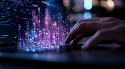 Futuristic digital cityscape hologram emerging from laptop keyboard with programmer hands, glowing purple and blue lights against dark background with code elements.