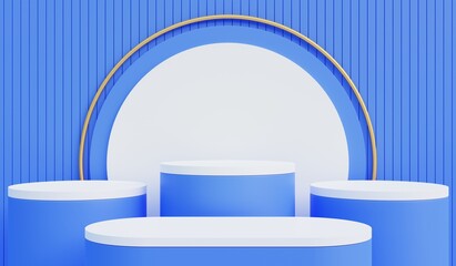 Blue and white podium, blue background for promoting products, fashion, cosmetics, perfumes, popular beauty creams, 3d illustration.