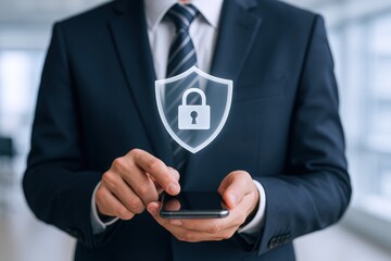Businessman Securing Mobile Device with Digital Shield and Lock Icon, Demonstrating Data Protection and Cybersecurity