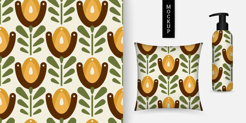 Seamless folk floral pattern with stylized flowers and leaves in earthy green and mustard tones. Ideal for textiles, wallpaper, wrapping paper and boho design. Vector illustration.