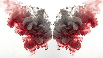 Symmetrical red and gray ink clouds mimicking butterfly wings.
