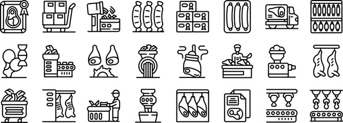 Meat processing icons set. Icons depicting meat processing, including butchering, packaging, transportation, and quality control, highlighting the journey from farm to table