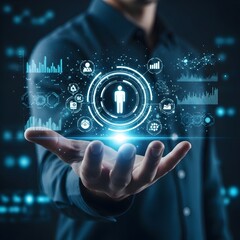 Fototapeta premium Man holding a glowing futuristic interface displaying human resources and data analytics