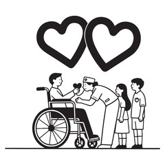 A black and white line drawing of a tender moment between a healthcare worker and two children with a person in a wheelchair. 