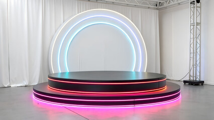 empty podium on stage for product display. neon podium