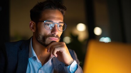 thoughtful concentrated indian business man entrepreneur investor manager using computer watching webinar working in office analyzing online data market thinking doing web research looking at laptop 