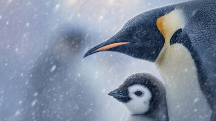 The heartwarming bond between a penguin and its adorable chick in snowy wilderness.