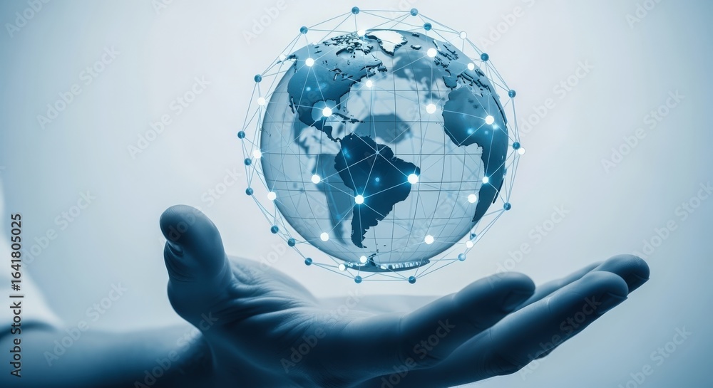 Poster global connectivity and digital network concept: a hand holding a world globe with connection lines
