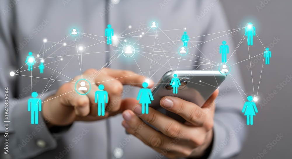 Poster man uses smartphone to connect with social network, demonstrating global communication and digital c