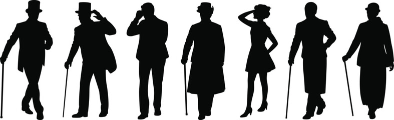 PrintVintage silhouettes, elegant people, classic fashion, top hats, walking canes, retro style, formal wear, old fashioned characters, timeless design illustration