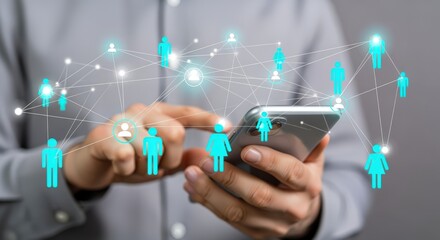 Man Uses Smartphone to Connect With Social Network, Demonstrating Global Communication and Digital Connectivity