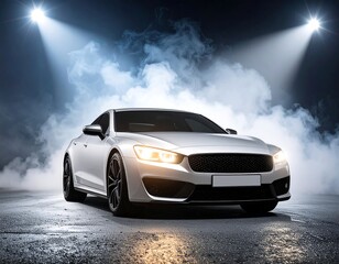 Sleek silver car in smoky studio setting, illuminated by spotlights