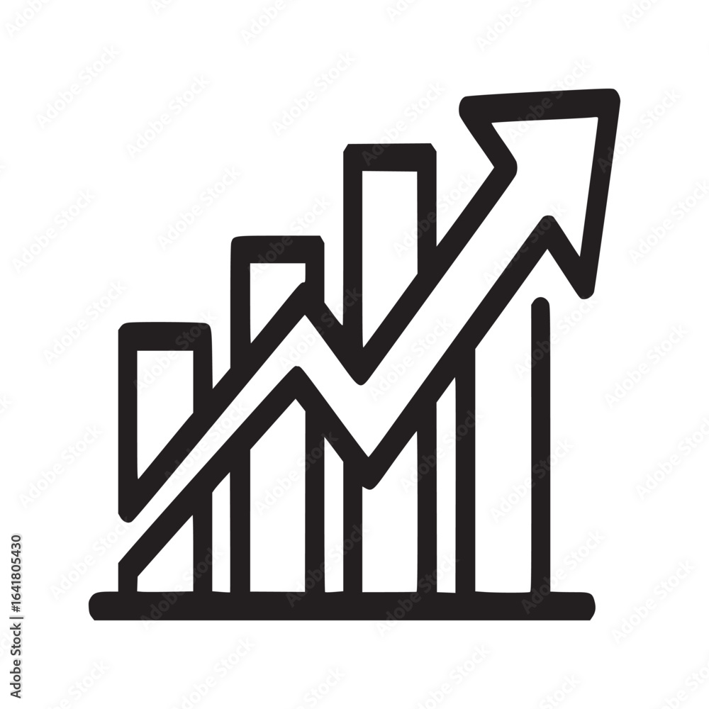Poster a simple black line drawing of a bar graph with an arrow indicating an upward trend on white backgro