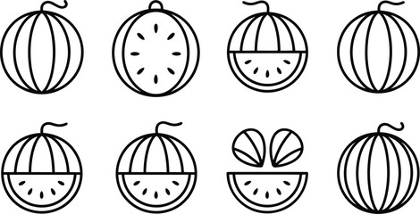 Watermelon Line Art Icons: Whole, Sliced, and Seeds; Summer Fruit Design Elements