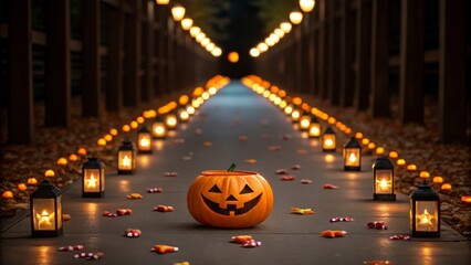 Fototapeta premium Halloween Pumpkin Jack-O'-Lantern Surrounded by Lanterns Along a Pathway in an Autumn Evening