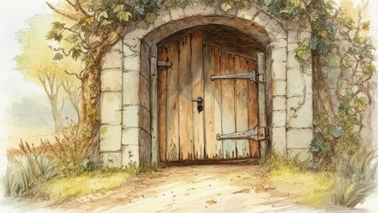 Fototapeta premium Rustic stone archway with wooden door
