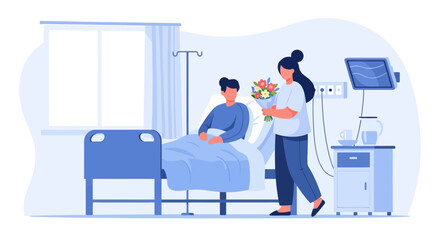 Caring woman bringing flowers to a man recovering in a hospital room filled with medical equipment