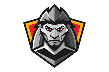 Aggressive Mascot Face in Grey Tones with Fiery Red Eyes on White Background