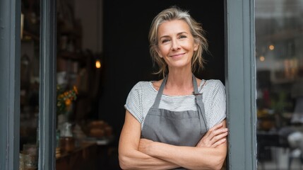 portrait of happy woman standing at doorway of her store cheerful mature waitress waiting for clients at coffee shop successful small business owner in casual wearing grey apron standing at entrance 