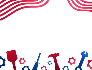 Labor day background, labor day border, USA federal holiday concept background in modern style with labor tools and US flag on white background