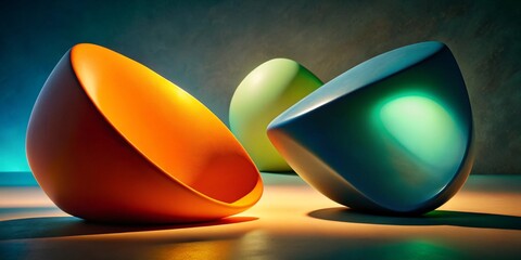 Abstract spherical shapes in orange, green, and blue abstract background. 3d render