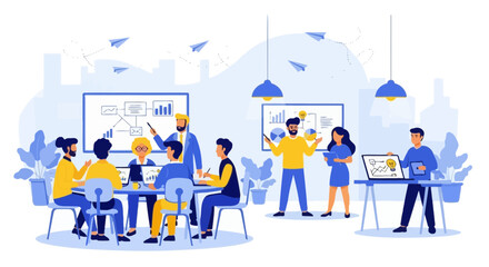 Diverse team collaboration meeting to achieve business objectives together in a modern workspace