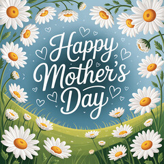 A floral daisy design frames a happy birthday or Easter greeting card with spring blossoms.