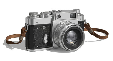 A vintage silver and black rangefinder camera with a brown leather strap, isolated on a white background.