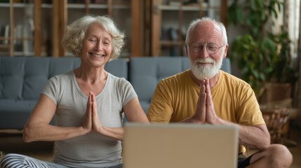 happy healthy senior older 60s couple having fun learning to meditate watching live online tv yoga class tutorial on laptop computer at home doing virtual training fitness workout sport exercises no