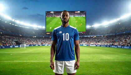 Soccer player in blue uniform stands on field before jumbotron showing game highlights in stadium
