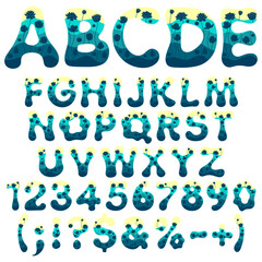 Font, alphabet, letter, number with water lily, lotus in water. Isolated vector objects on white background.