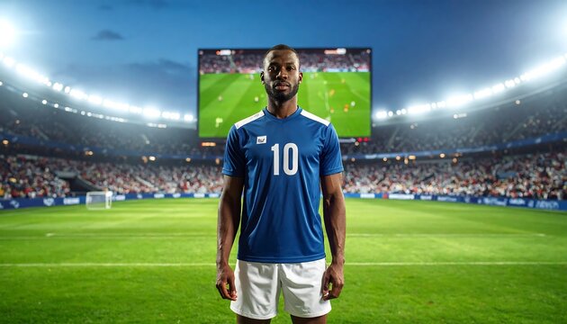 Soccer player in blue uniform stands on field before jumbotron showing game highlights in stadium