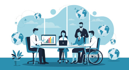 Global business meeting illustration showcasing teamwork and collaboration among diverse