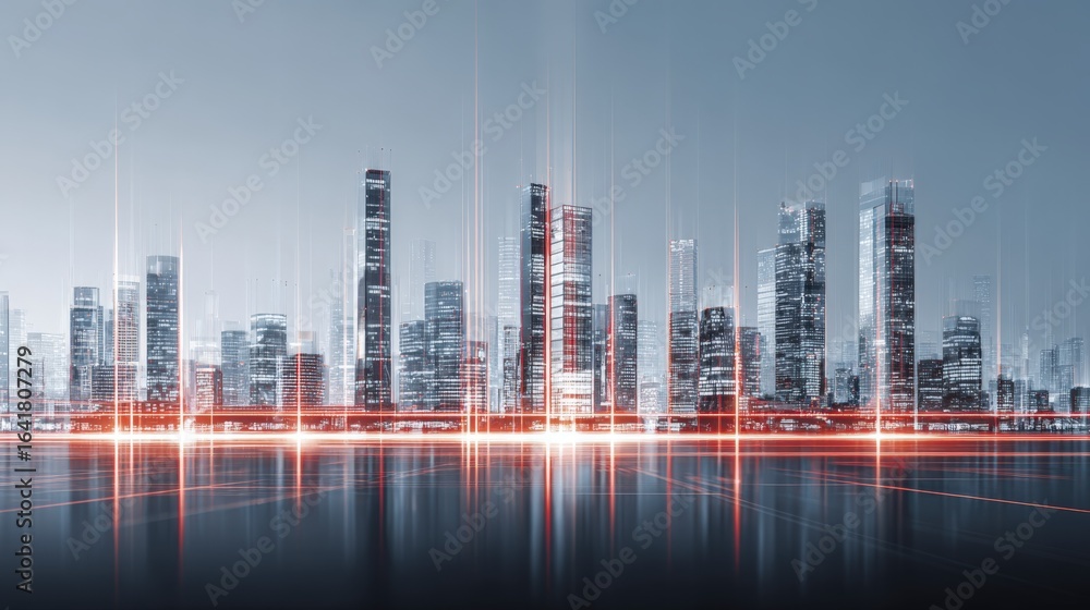 Poster futuristic cityscape with digital network connection, modern architecture and technology infrastruct