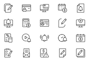 Subscription line icon set. Pixel perfect. Editable stroke. The set includes a Subscription, Newsletter, Newspaper, Reminder, Notification Icon, Letter, Megaphone, Bell, Mail, Message, Web Page.