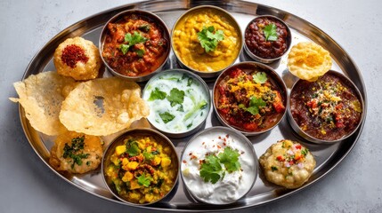Indian Thali Featuring an Array of Colorful Curries, Dips, and Bread on a Silver Platter