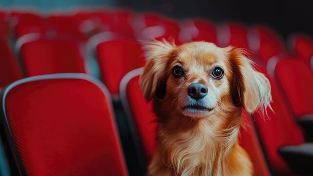 Brown dog with floppy ears sitting in red theater seats