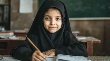 happy young smiling girl wearing hijab and looking at camera while sitting at desk with exercise book elementary muslim schoolgirl writing notes in classroom portrait of arab school girl in chador no