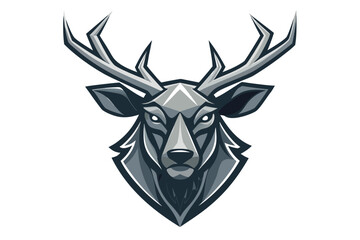Geometric Deer Head Mascot with Antlers Emblem on White Background