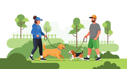 Fototapeta premium People walking dogs in a park, promoting active lifestyles and pet companionship, showcasing