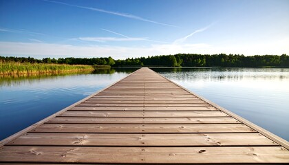 Fototapeta premium Serene wooden pier extending across a calm lake