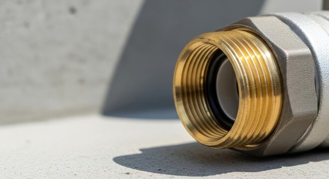 Connection fitting detail on concrete surface with threads and ring. Connection fitting close-up focuses on ring and threads, showcasing texture and precision of metalwork.