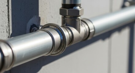 Metallic pipe system on wall provides essential plumbing, allowing water and gas to flow through building. Shiny pipe system connection includes fittings and couplings