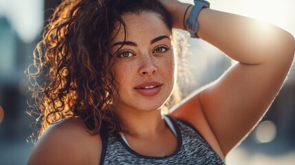 curvy woman doing sport workout routine outdoor in city park focus on face no logos no brands ar 169