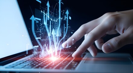 Hand Touching Digital Data Graph on Laptop with Futuristic Interface and Holographic Elements in Blue Tones